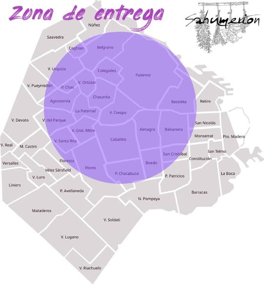 Mapa de la zona de entrega de Sahumerion: círculo sobre los barrios centrales de la Ciudad de Buenos Aires